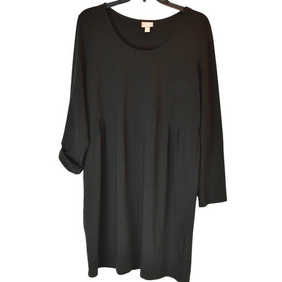 J. Jill Stretch Black Round Neck Roll Tab Sleeve Pintuck Shift Dress, Medium - Picture 1 of 10